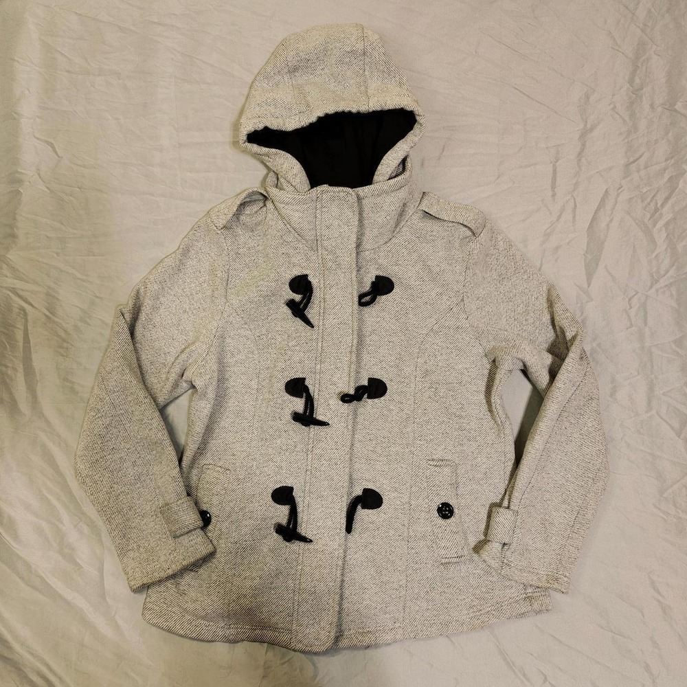 Sebby Collection Women Large Gray White Twill Hooded Toggle Duffle Coat Jacket L